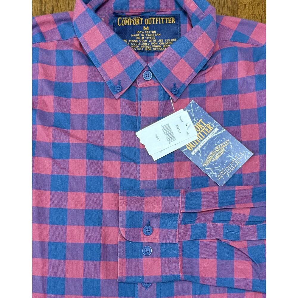 NEW Comfort Outfitter Mens Red Blue Plaid Button Up Shirt Long Sleeve Size M